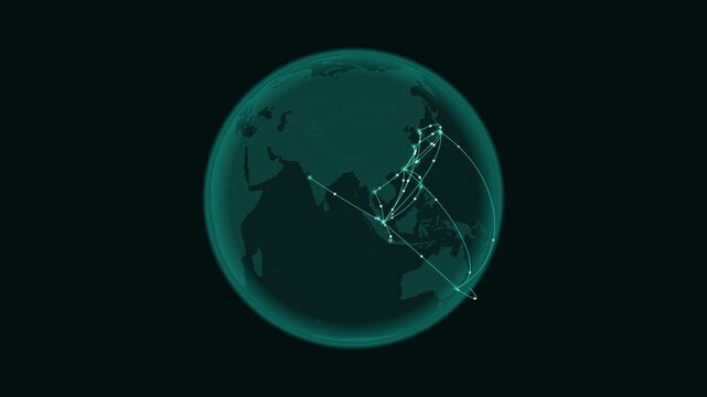 Asia-Pacific network: glowing connection arcs over a rotating 3D globe. Seamless looping 4K animation of the network of connections across the Asia-Pacific region.