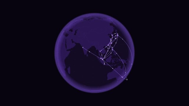 Asia-Pacific network: glowing connection arcs over a rotating 3D globe. Seamless looping 4K animation of the network of connections across the Asia-Pacific region.