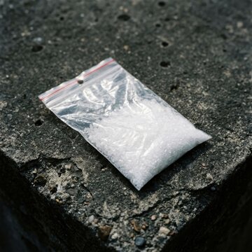 Small clear plastic bag with white crystalline substance on rough concrete surface close up shot