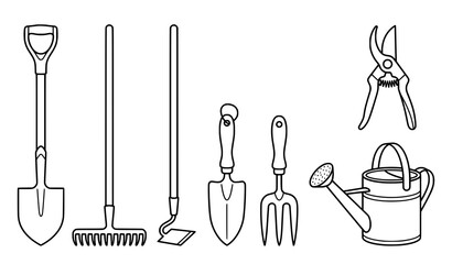 Gardening Tools Line Icons Set, Vector Outline Illustration Of Shovel, Rake, Fork, Pruner And Watering Can For Farming Design © Younus