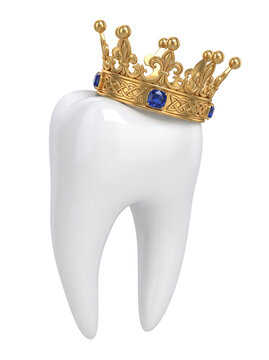 Realistic human tooth wearing golden jeweled royal crown for dental care and pediatric dentistry marketing concepts.