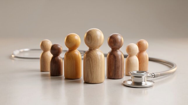 Medical stethoscope lying on desk with wooden toy people figures representing community health checkups and diverse patient groups seeking professional medical advice for well being