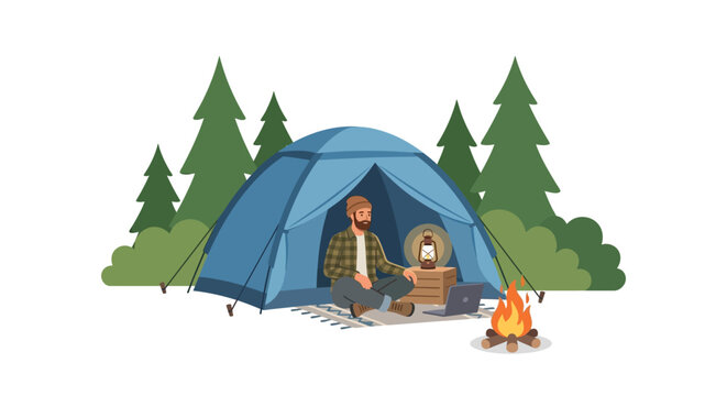 Digital nomad working on laptop from a blue camping tent in a pine forest flat vector illustration