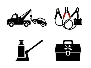 Fototapeta premium Roadside Assistance Icon Set Featuring Tow Truck, Jumper Cables, Hydraulic Car Jack, and Portable Mechanic Toolbox Collection