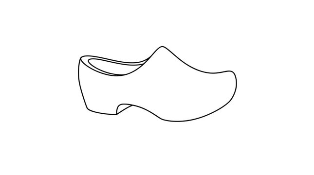 Black outline vector icon of a wooden clog in side profile with rounded toe, raised instep and heel cutout, drawn with thin lines in centered composition emphasizing timeless slip-on form