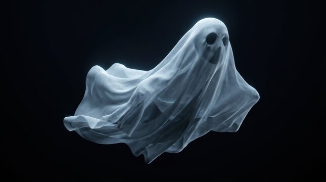 Ethereal white ghost apparition with dark empty eyes and flowing translucent fabric drapery, hovering ominously against a deep black background, evoking fear, mystery, and spooky Halloween horror fant