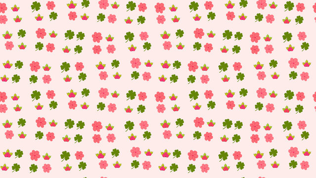 Seamless pattern of pink flowers and green clovers