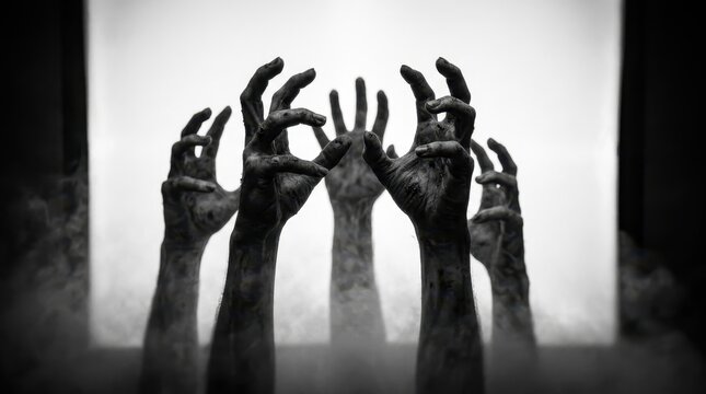 Multiple gnarled, dirty zombie hands reaching upwards from a dark, misty foreground against a bright, hazy background, evoking a terrifying scene of horror and struggle in monochrome.