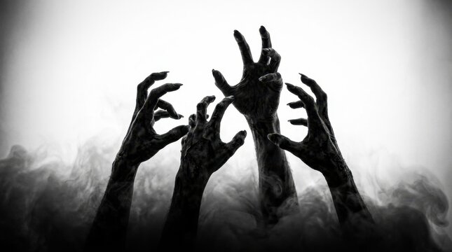 Gnarled and clawing zombie hands emerge from dark, swirling smoke, reaching upwards into a bright, ominous background in this dramatic black and white horror composition, evoking fear and dread.