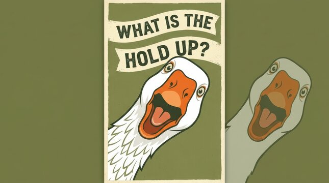 Humorous cartoon goose head illustration on a distressed vintage poster with a textured olive green background, featuring a surprised gander with a wide-open beak and visible tongue, asking 'What is t