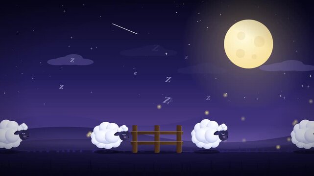 Peaceful Dreamy Counting Sheep Mascot Jumping Over Fence Loop
