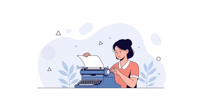 Woman typing on a vintage typewriter with a blank sheet of paper, representing creativity, writing, and communication