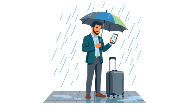 Professional businessman booking taxi via mobile app while standing in rain with luggage flat vector illustration.