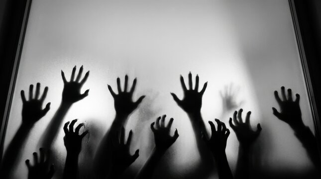 Many menacing silhouetted hands pressed firmly against a frosted glass surface in a dark, eerie, and spooky composition, evoking themes of fear, horror, trapped spirits, and Halloween frights