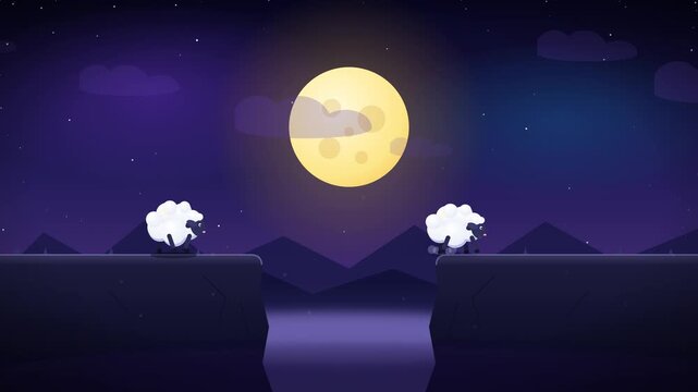 Dreamy Counting Sheep Mascot Jumping Over Cliff At Night Loop