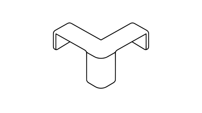 Black line art illustration of a V-shaped corner bracket with downturned ends and central cylindrical stem, drawn with medium lines in three-quarter view emphasizing symmetrical angular geometry