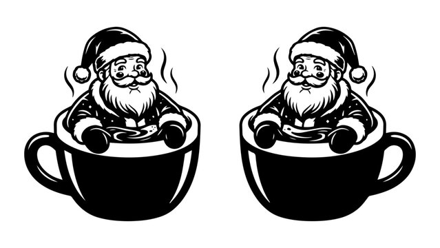 Two cups of hot coffee with santa claus relaxing inside coffee cup hot drink black white father christmas holiday spirit