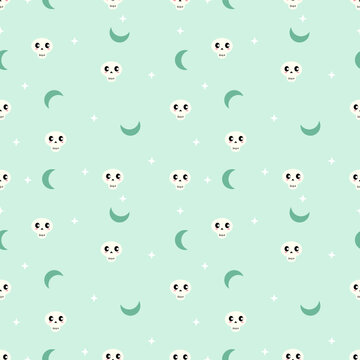Pastel Mint Green Cute Skull and Moon Seamless Halloween Pattern