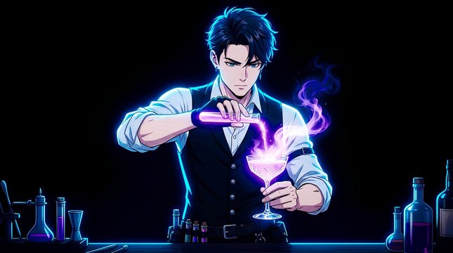 Anime style illustration of a handsome bartender pouring a glowing magical cocktail