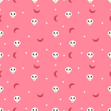 Pastel Coral Pink Cute Skull and Moon Seamless Halloween Pattern