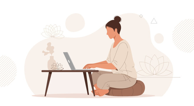 Woman Meditating While Working Remotely on Laptop in a Serene, Minimalist Home Office with Lotus Motifs
