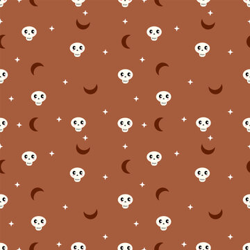 Cute Skull and Crescent Moon Seamless Pattern on Chocolate Brown Background for Halloween