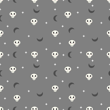 Cute Skull and Crescent Moon Seamless Pattern on Gray Background for Halloween