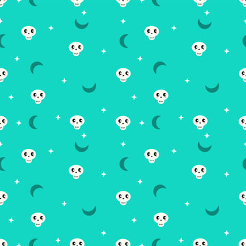 Cute Skull and Crescent Moon Seamless Pattern on Turquoise Background for Halloween