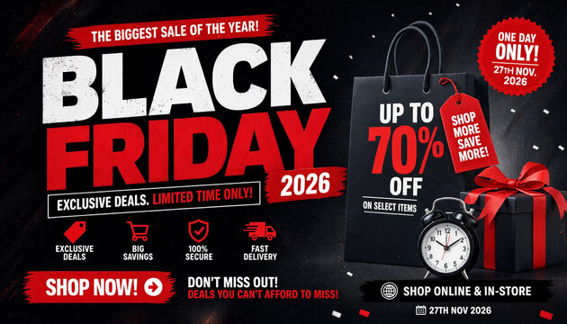 Black Friday sale poster showcasing up to 70 percent discounts with shopping bag and clock countdown