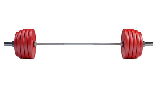 Heavy barbell with red weight plates on metallic bar isolated.