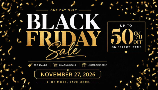 Black Friday sale banner showcasing up to 50 percent off select items with golden confetti design