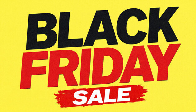 Black Friday sale banner with bold red and black text on bright yellow background for discount promotions