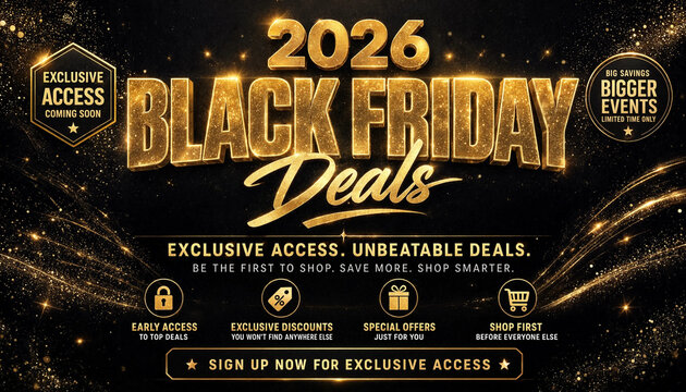 2026 black friday sale banner showcasing exclusive access and unbeatable deals with golden sparkle effects