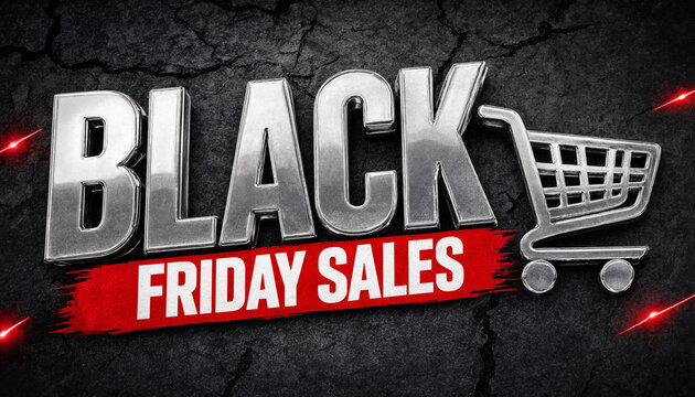 Black Friday sales shopping cart graphic with bold text on cracked asphalt background