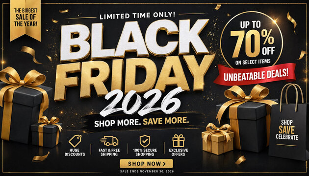 Black Friday 2026 sale banner showcasing gift boxes and discounts with transparent background