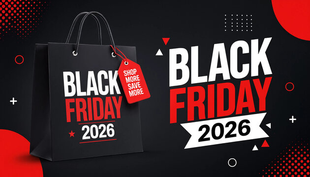 Black Friday 2026 shopping bag with sale tag and geometric background for promotional designs
