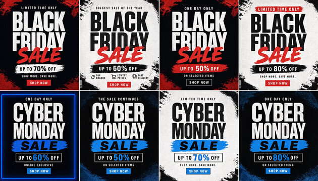Black Friday and Cyber Monday sale posters with grunge brush stroke effects and discount labels