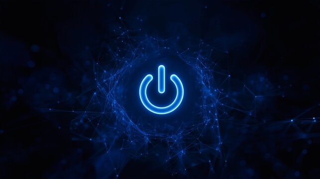 A power button icon glowing blue against an abstract digital network background