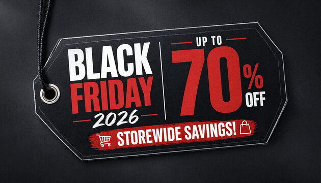 Black Friday 2026 sale tag showing up to 70 percent off storewide savings with shopping cart icon