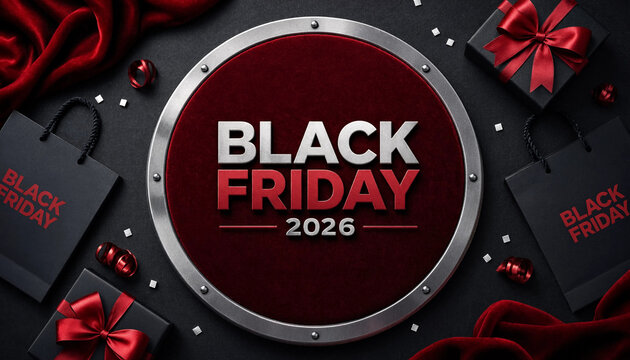 Black Friday 2026 sale graphic with shopping elements on dark red velvet background