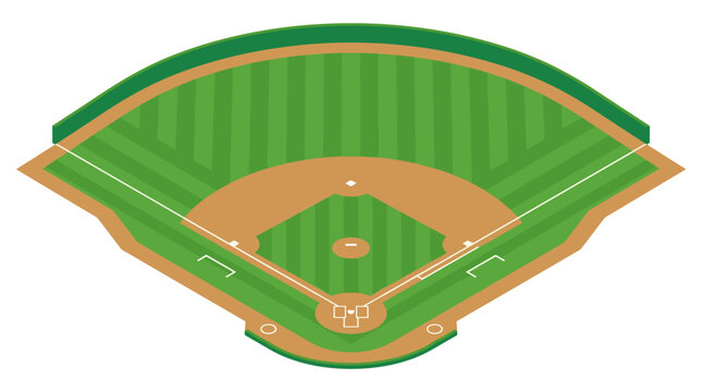 Isometric 3D Baseball Field Vector Illustration Featuring Infield Dirt, Outfield Grass, Bases, and Pitcher's Mound; Professional Sports Stadium Layout with Mowed Lawn Pattern and Walls