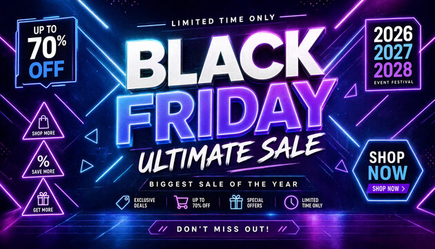 Black Friday ultimate sale banner with neon discount offer and shop now buttons