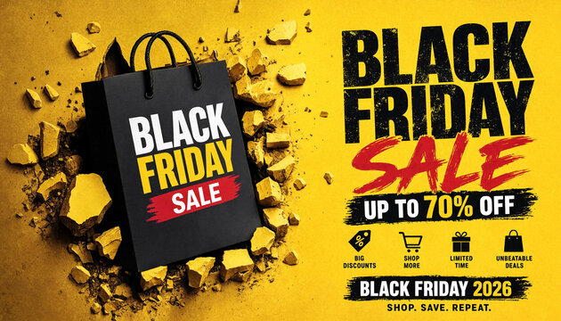 Black Friday sale shopping bag breaking through yellow wall with discount offer text and icons