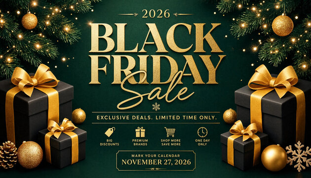 Black Friday sale 2026 promotional graphic with gift boxes and holiday decorations