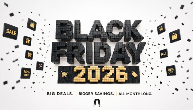 Black Friday 2026 sale celebration graphic with modular discount icons and copy space