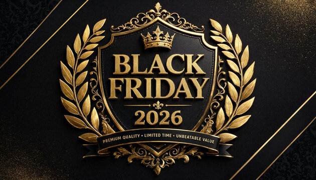 Black Friday 2026 golden laurel crown emblem with premium quality text for promotional designs