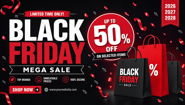 Black Friday sale banner showcasing up to 50 percent off selected items with shopping bags and discount text