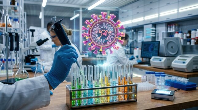Scientist in lab researching coronavirus holographic virus model and test tubes with colorful liquids