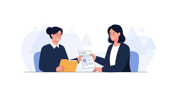 Two women in a meeting, one handing over documents from a folder, modern flat illustration