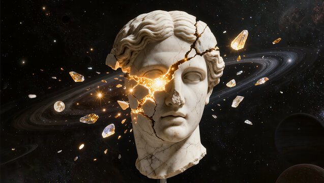 Shattered Ancient Greek Statue Head Exploding in Cosmic Space with Glowing Kintsugi Crack